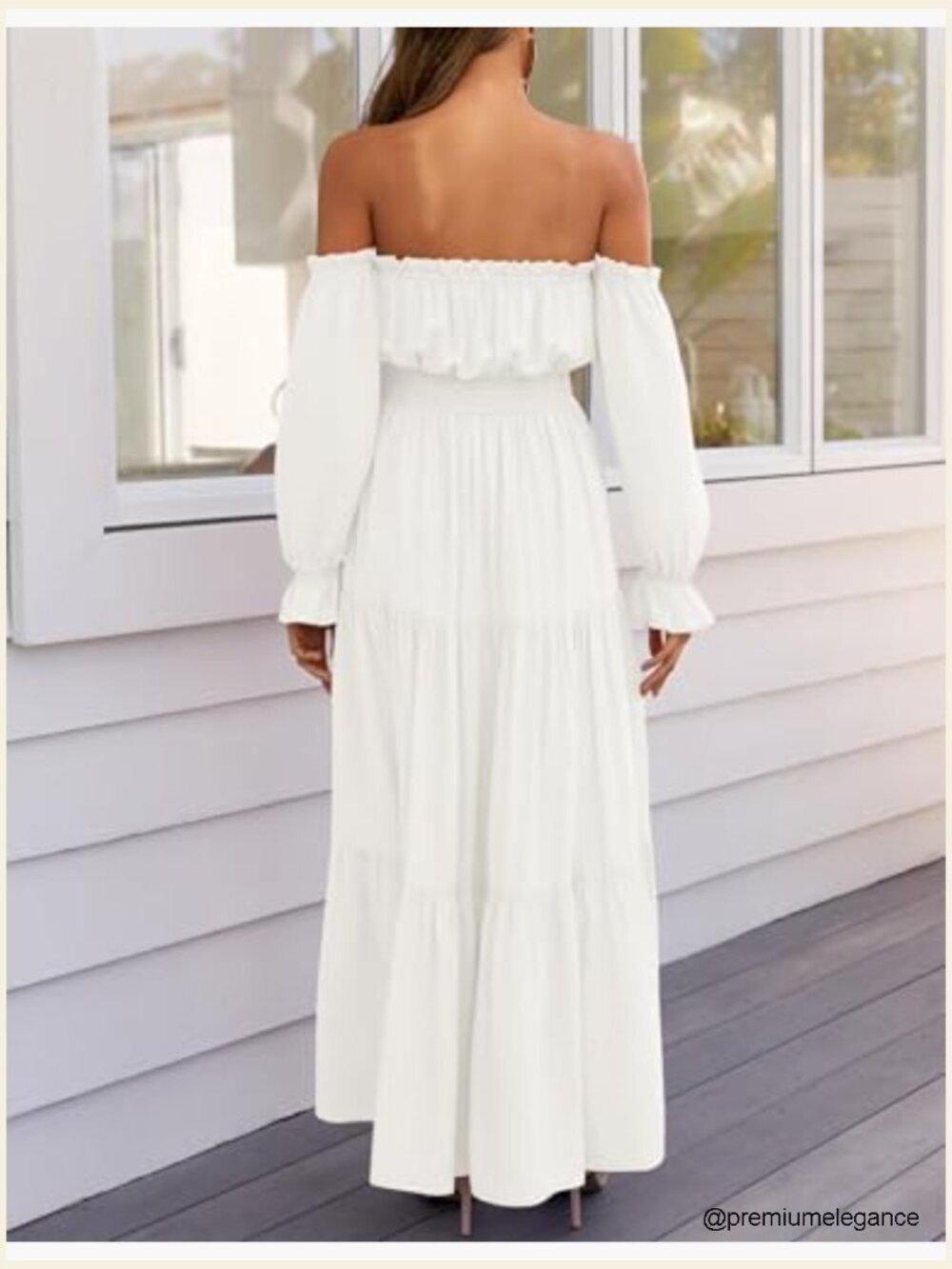 Off Shoulder Flowy Maxi Dress Side Slit Elastic Waist Long Sleeve - Picture 4 of 7